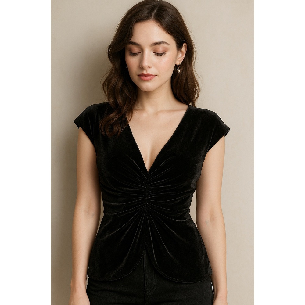 Black Velvet Ruched Draped Front Top Size S Glam Cocktail Evening Holiday Y2K